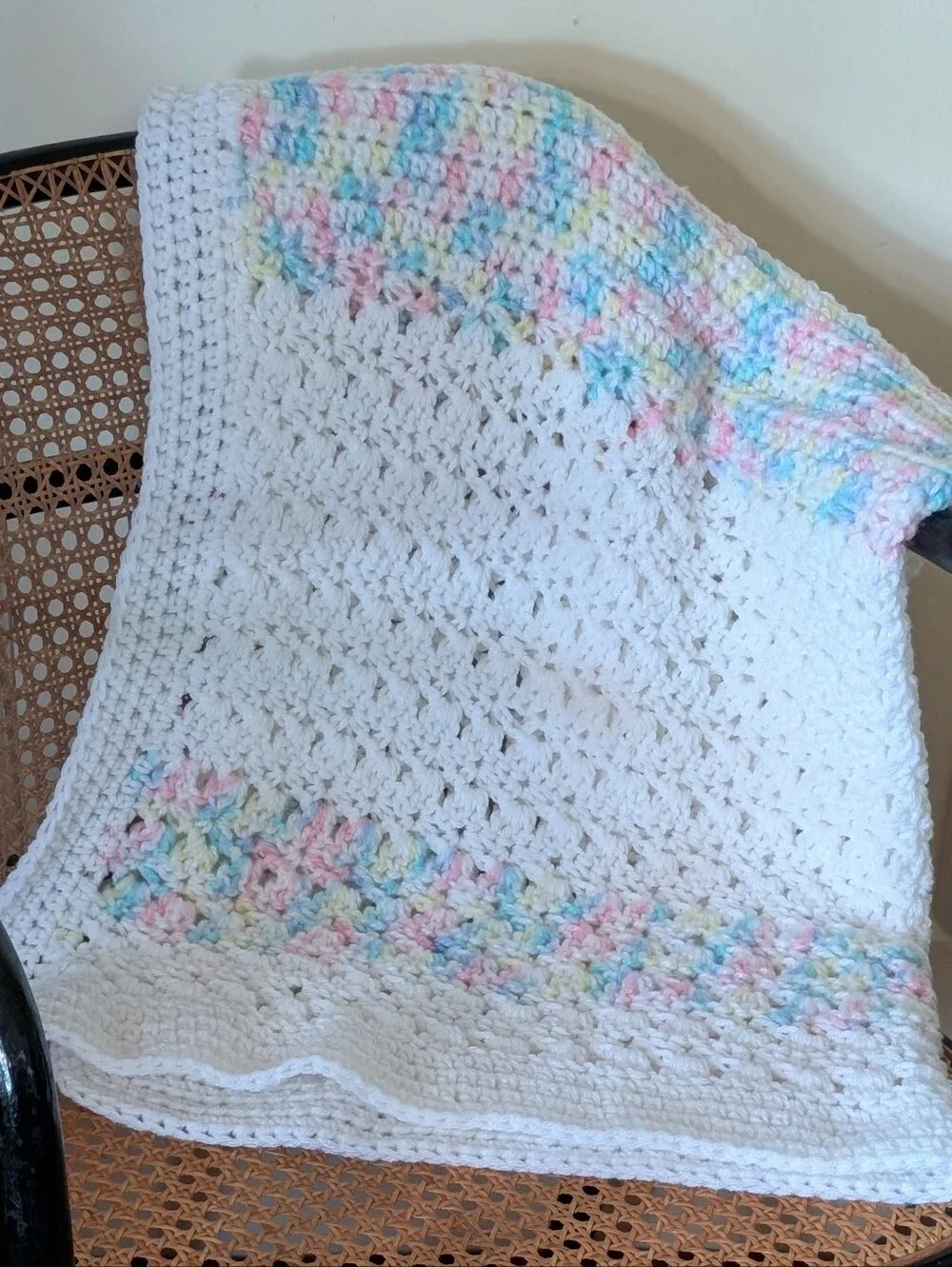 Handmade White Crochet Blanket / Knitted Throw Blanket with Pastel Stripes 36x36